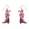 Pink Enamel With Sparkling Crystal Rhinestones Christmas Holiday Themed Gold Tone Dangle Earrings (Western Cowgirl Boot, 2.25")