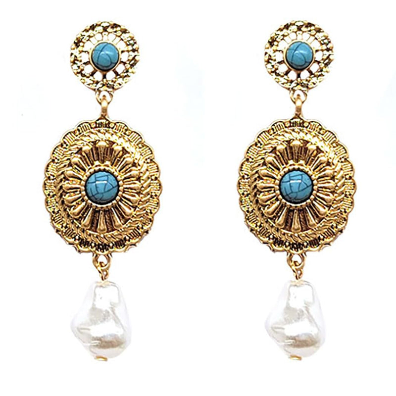 Cowgirl Chic Unique Western Textured Square Concho Turquoise Crystal Statement Earrings, 1.75" (Gold Tone Round With Faux Pearl, 2.5")