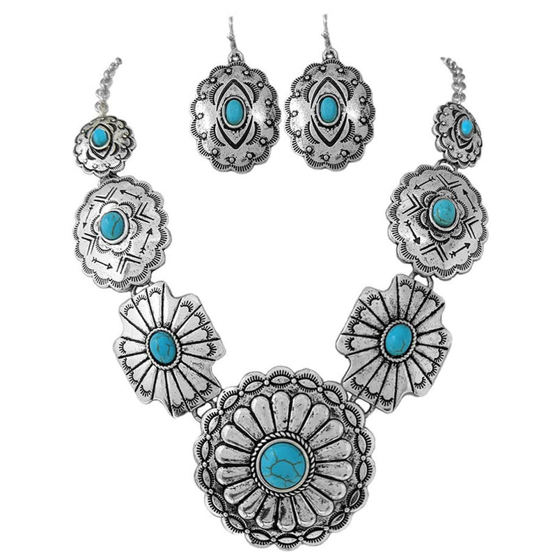 Cowgirl Chic Natural Howlite Stone Center Concho Western Jewelry Gift Set (Turquoise Burnished Silver Tone Round Center Necklace And Earrings, 18"+3" Extension)