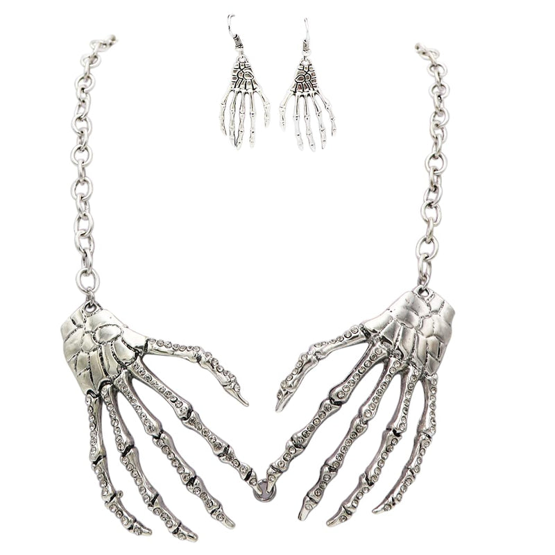 Silver Tone Skeleton Hands With Crystal Accents Choker Necklace And Earrings Biker Chick Halloween Dress Up Jewelry Gift Set, 13"+3" Extender