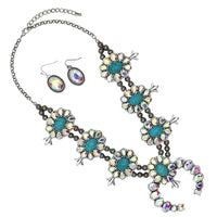 Cowgirl Chic Western AB Crystal Squash Blossom Necklace And Earrings Statement Set, 20"+3" Extension