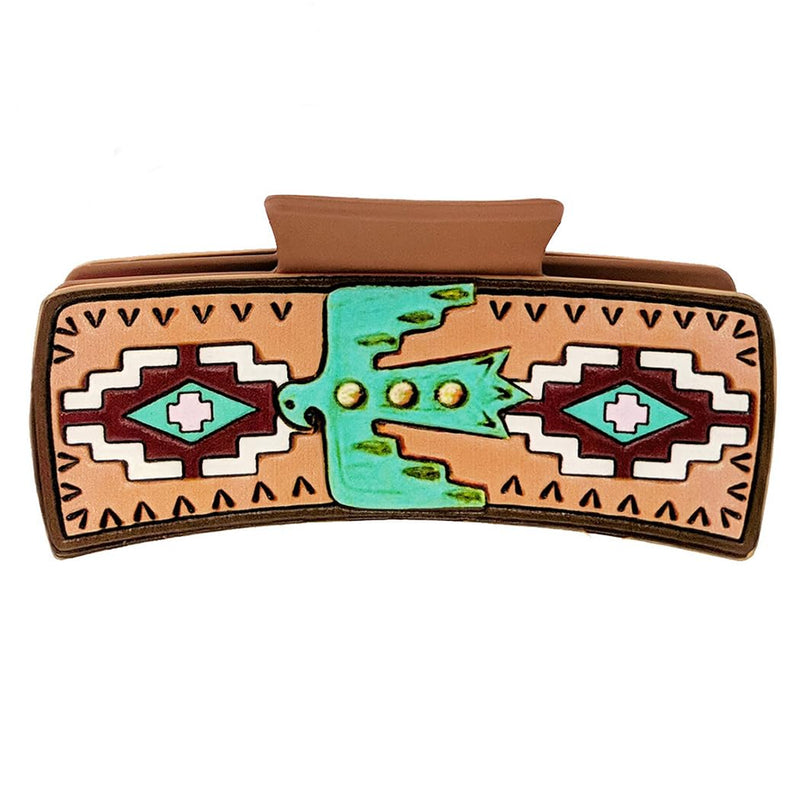 Women's Cowgirl Chic Aztec Thunderbird Western Style Tooled Vegan Leather Large Claw Hair Clip, 4"