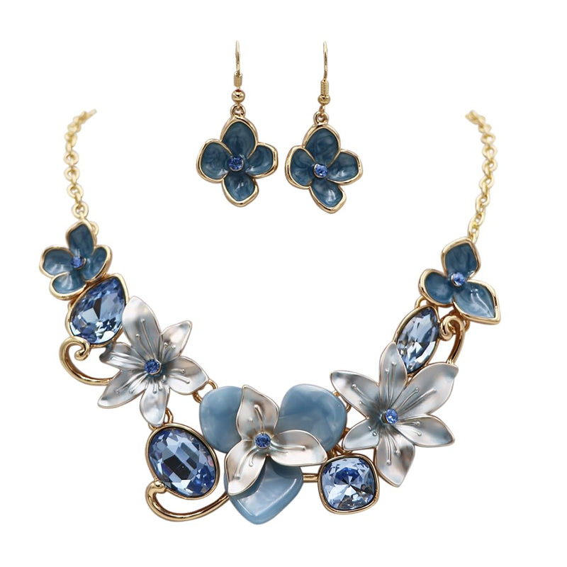 Stunning Polished Gold Tone Enamel Lucite And Crystal 3D Flower Necklace And Dangle Earrings Jewelry Gift Set, 13"+3" Extension (Blues)