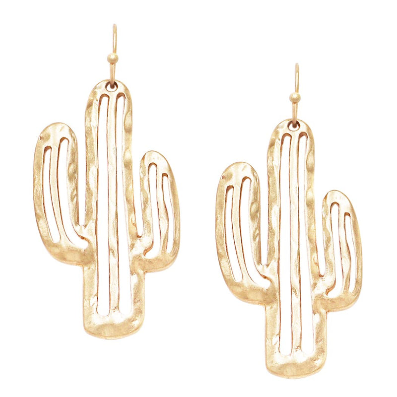 Women's Chic Gold Tone Western Style Textured Metal Cactus Jewelry Pieces (Dangle Earrings, 2.25")