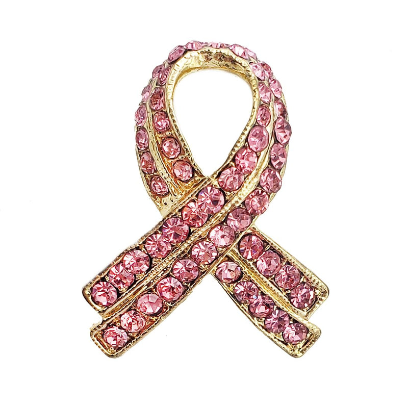 Women's Charming Pink Ribbon Crystal Rhinestone Breast Cancer Awarness Lapel Pin Brooch 1.5" (Gold Tone)