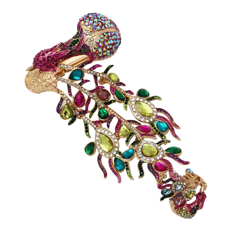 Vibrant And Colorful Statement Making Crystal Rhinestone 3D Peacock On Gold Tone Stretch Bangle Bracelet With Attached Ring Hand Chain Combination