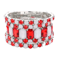 Stunning Statement Bejeweled Set Of 5 Colorful Crystal Rhinestone Stretch Bracelets, 6.75" (Candy Cane Christmas Mix Red And White Crystal Silver Tone)