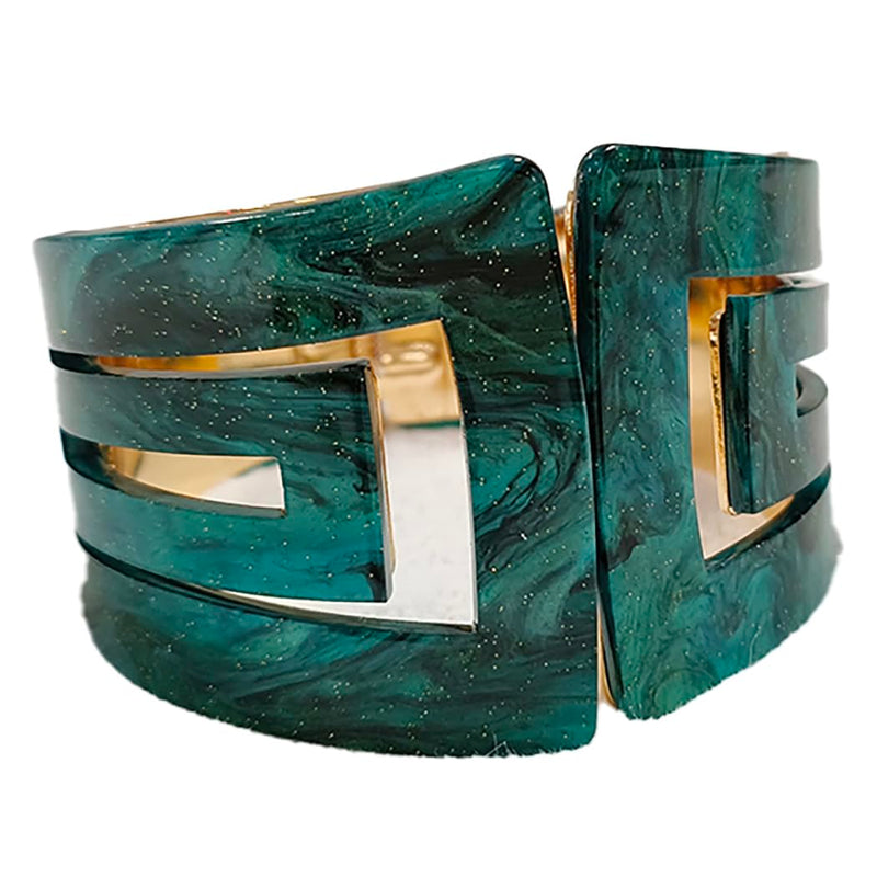 Statement Making Colorful Lucite Hinged Cuff Bangle Bracelet, 7.75" (Marbled Teal Blue With Glitter Flecks, Square)