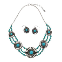 Cowgirl Chic Natural Howlite Stone Center Concho Western Jewelry Gift Set (5 Conchos Turquoise 3 Row Beads Necklace Earrings Set, 18"+3" Extender)