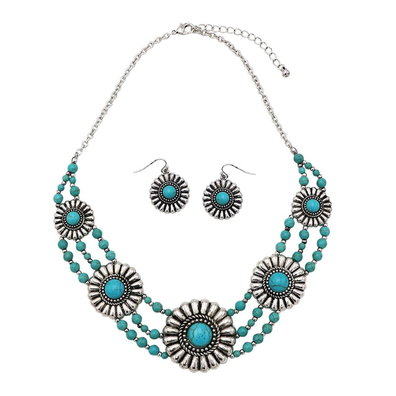 Cowgirl Chic Natural Howlite Stone Center Concho Western Jewelry Gift Set (5 Conchos Turquoise 3 Row Beads Necklace Earrings Set, 18"+3" Extender)