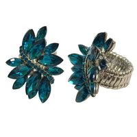 Dazzling Crystal Marquis Leaf Cluster Statement Stretch Cocktail Ring (Peacock Blue Silver Tone)