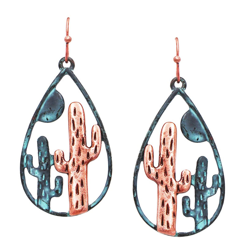 Women's Cowgirl Chic Western Style 3D Textured Cactus Dangle Earrings (Teardrop Textured Copper Patina Fish Hook, 1.75")