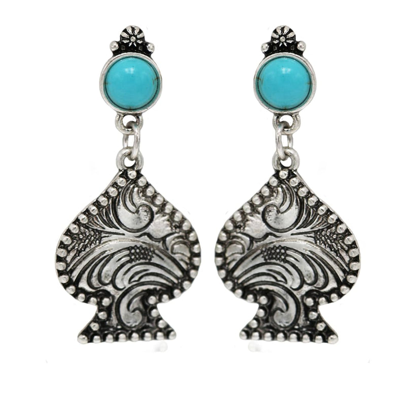 Stunning Vintage Inspired Burnished Silver Tone Textured Spade With Turquoise Dyed Howlite Statement Western Style Post Back Dangle Earrings, 2'