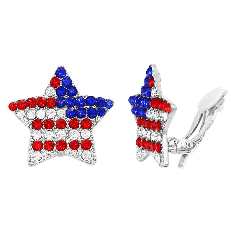 Women's Stunning Red White And Blue American Flag Crystal Rhinestone Stars July 4th USA Clip On Earrings, 1"