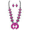 Cowgirl Chic Western Style Natural Semi Precious Howlite Stone Squash Blossom Necklace And Earrings Statement Set, 27"+3" Extension (Hot Pink With Dangle Center)