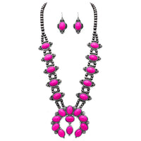 Cowgirl Chic Western Style Natural Semi Precious Howlite Stone Squash Blossom Necklace And Earrings Statement Set, 27"+3" Extension (Hot Pink With Dangle Center)