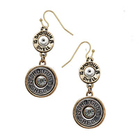 12 Gauge Shotgun Shell Spent Bullet With Dangle Earrings (Double Shell Crystal Center Gold Tone With Silver, 2")