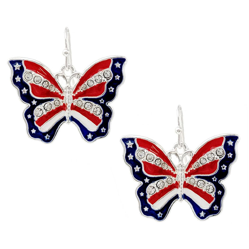 Women's July 4th Red White And Blue Enamel With Crystal Rhinestones American Flag Patriotic Butterfly USA Dangle Earrings, 1.12"