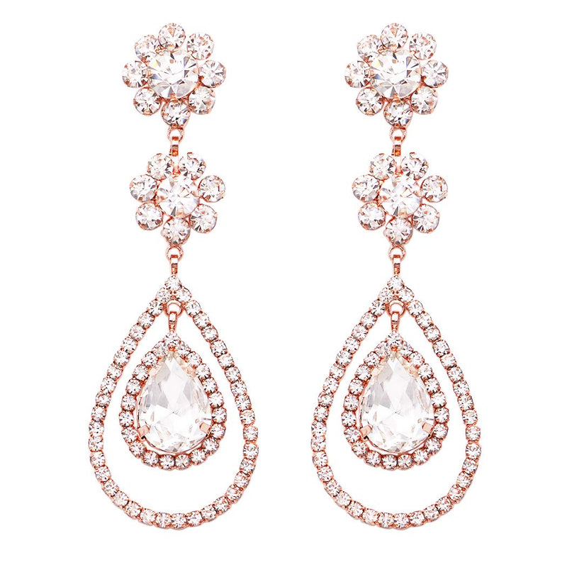 Women's Dramatic Teardrop Hoop Crystal Flower Long Shoulder Duster Hypoallergenic Earrings, 2.75"