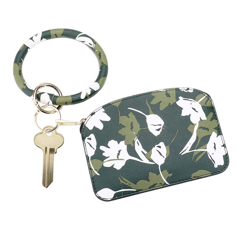 Women's Trendy Flower Pattern Vegan Leather Bangle Bracelet with Clutch Wristlet Key Chain Ring Clip Holder