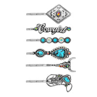 Cowgirl Chic Western Style Conchos Turquoise Howlite Stone Hair Clip Bobby Pin Barrettes (Turquoise Howlite And AB Crystal Adorned Set Of 6)