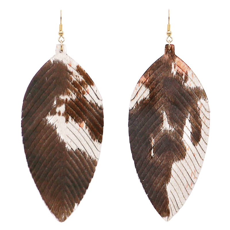 Women's Get Wild Faux Leather Cowhide Feather Dangle Earrings, 4.5"