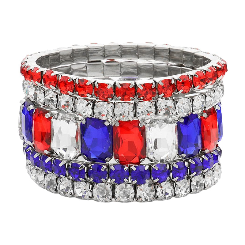 Stunning Statement Bejeweled Set Of 5 Colorful Crystal Rhinestone Stretch Bracelets, 6.75" (USA Mix Red Clear Blue Crystal Silver Tone)