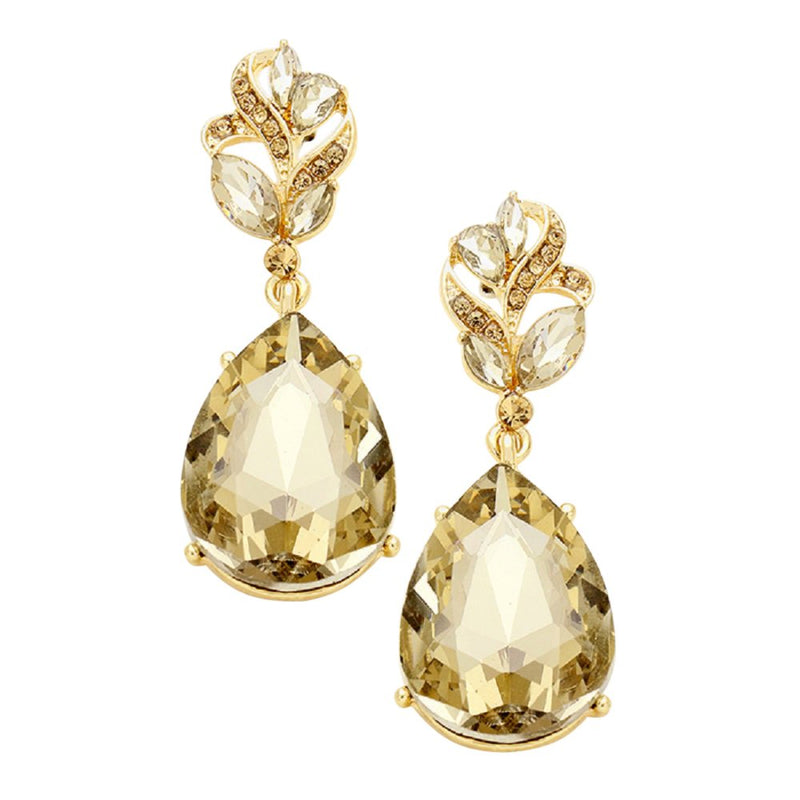 Stunning Dangle Teardrop Rhinestone Crystal Statement Post Drop Earrings (Marquis Leaf Top Light Topaz Gold Tone, 2.25")