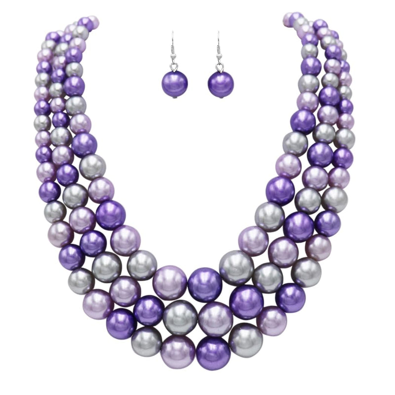 3 Colorful Multi Strands Simulated Pearl Necklace And Earrings Jewelry Gift Set, 18"+3" Extender (Lavender Purple Mix)