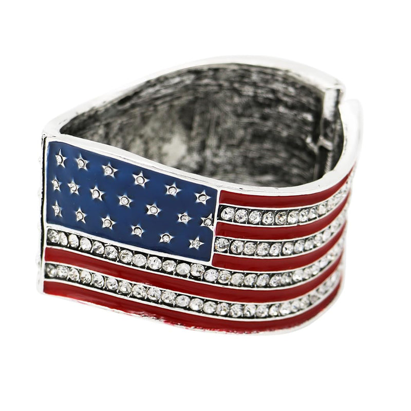 Sleek Patriotic Red White And Blue USA Flag July 4th Hinged Cuff Bangle Bracelet, 7" (Burnished Silver Tone)