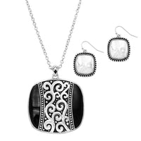 Women's Sleek Statement Polished Silver Tone Filigree Black Enamel Square Pendant Necklace Earrings Set, 18"-21" with 3" Extender