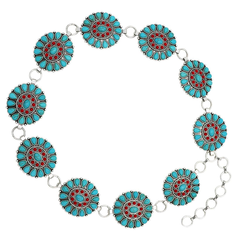 Cowgirl Chic Statement Western Linked Conchos With Natural Howlite Stones On Waist Chain Belt (Red And Blue Howlite Burnished Silver Tone, Large-XLarge, 38" +7.5" Extender)