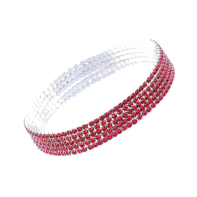 Set of 5 Sparkling Crystal Rhinestone Stacking Stretch Bracelets, 2.25" (Red Silver Tone)