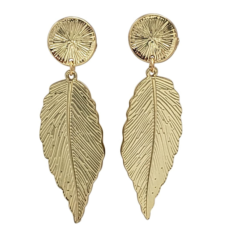 Women's Chic Polished And Textured Metal Feather Dangle Clip On Style Earrings, 3.5" (Polished Gold Tone)