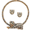 Get Wild Stunning Gold Tone Three Dimensional Crystal Rhinestone Encrusted Tiger Statement Collar Necklace And Earring Set, 14"