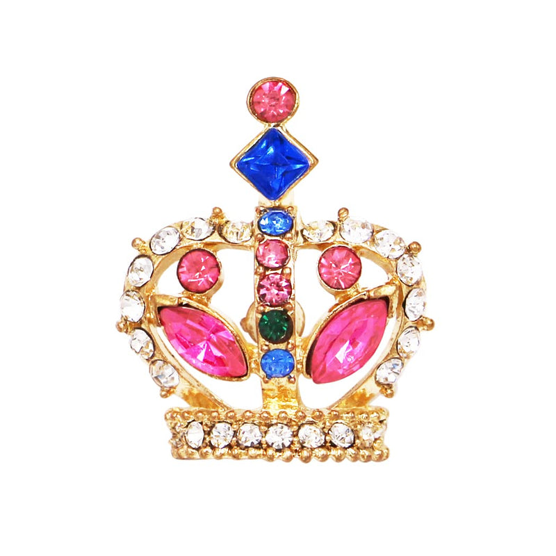 Women's Sparkling Crystal Rhinestone Regal Queens Crown Petite Lapel Pin Brooch (1", Gold Tone Pink Blue Clear Crystals)