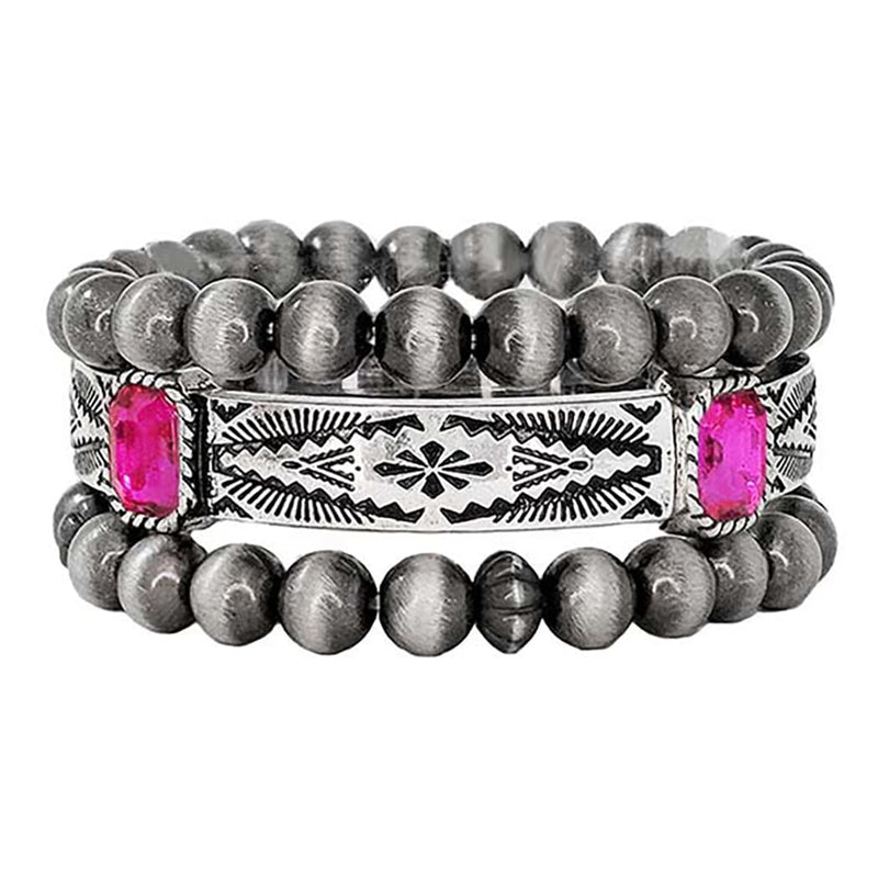 Set of 3 Western Metallic Bead And Howlite Stone Stretch Bracelets, 6.75" (Hot Pink Crystal Stamped Bangle)