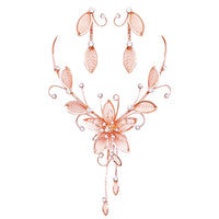 Women's Stunning Large Metal Mesh Flower With Crystal Accents Collar Necklace And Dangle Earrings Jewelry Set, 14"+3" Extension (Rose Gold Tone)