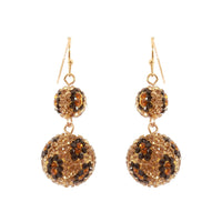 Get Wild Leopard Print Pave Crystal Ball Drop Earrings (Double Ball Gold Tone Fish Hook, 1.75")