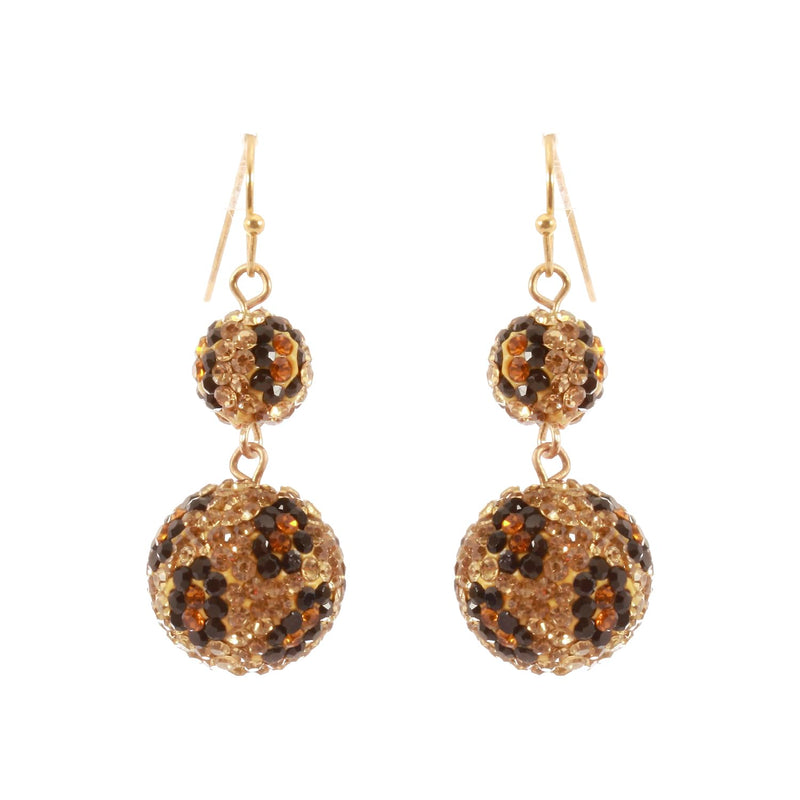 Get Wild Leopard Print Pave Crystal Ball Drop Earrings (Double Ball Gold Tone Fish Hook, 1.75")