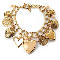 Stunning Heart And Coin Charms With Faceted Pink Crystals On Polished Gold Tone Cable Link Chain Jewelry (Charm Bracelet, 6.5"+1" Extender)