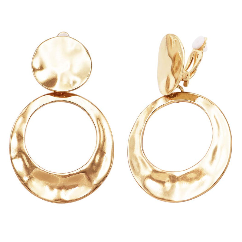 Statement Matte Hammered Metal Disc Hoop Dangle Clip on Style Earrings, 2.75" (Polished Gold Tone)