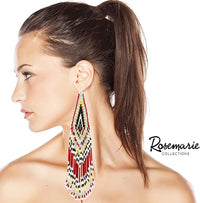 Extra Long Peyote Stitch With Fringe Seed Bead Shoulder Duster Statement Earrings (8.5", Deep Red With Golds Silvers)