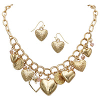 Stunning Heart And Coin Charms With Faceted Pink Crystals On Polished Gold Tone Cable Link Chain Jewelry (Necklace And Earrings Set, 16"+3" Extender)