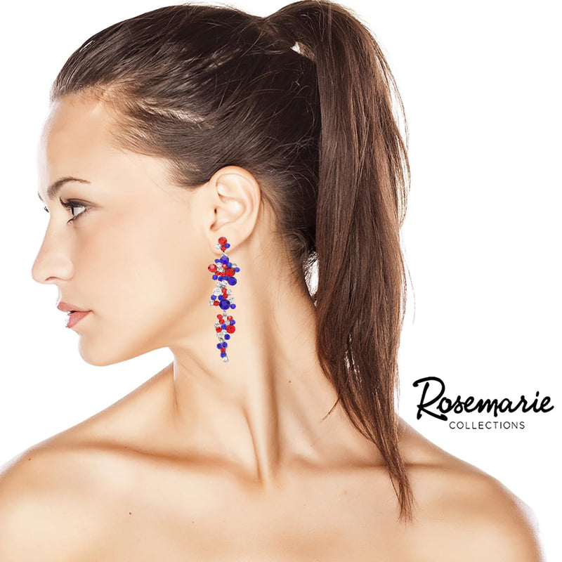 Stunning Crystal Rhinestone Statement Bubble Dangle Earrings, 3.25" (USA July 4th Red Blue Clear)