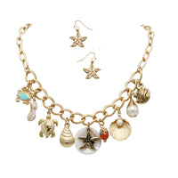 Stunning Natural Seashells Mixed With Turtle Starfish Dangling Faux Pearl Charms Polished Gold Tone Textured Cable Link Chain (Necklace And Earrings Set, 16"+3" Extender)