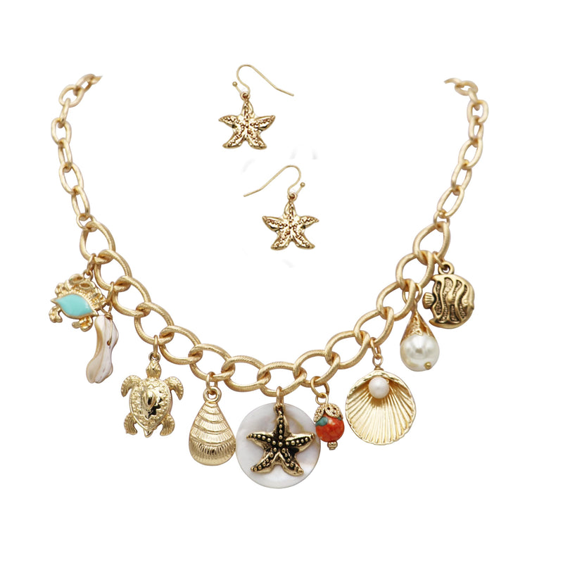 Stunning Natural Seashells Mixed With Turtle Starfish Dangling Faux Pearl Charms Polished Gold Tone Textured Cable Link Chain (Necklace And Earrings Set, 16"+3" Extender)