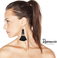 Stunning Threaded Fan Fringe Tassel Drop Fashion Earrings, Solid Black Gold Tone Fish Hook, 4"