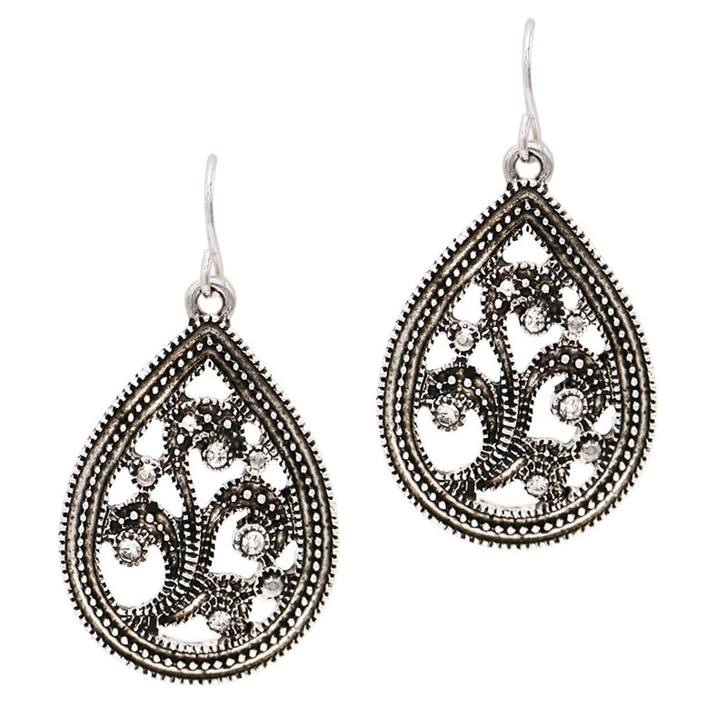 Antique Silver Tone Textured Filigree Teardrop Crystal Dangle Earrings, 1.5"