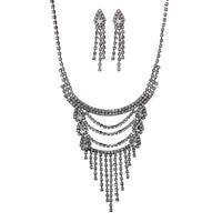 Stunning Vintage Vibes Rhinestone Fringe Bib Necklace Hypoallergenic Earrings Set, 15"+4.5" Extender (Clear Crystal Hematite Tone)